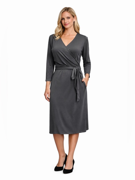 LuLaRoe Dresses & Skirts - LuLaRoe Gray Wrap Dress Long Sleeve Midi Tie Waist Medium